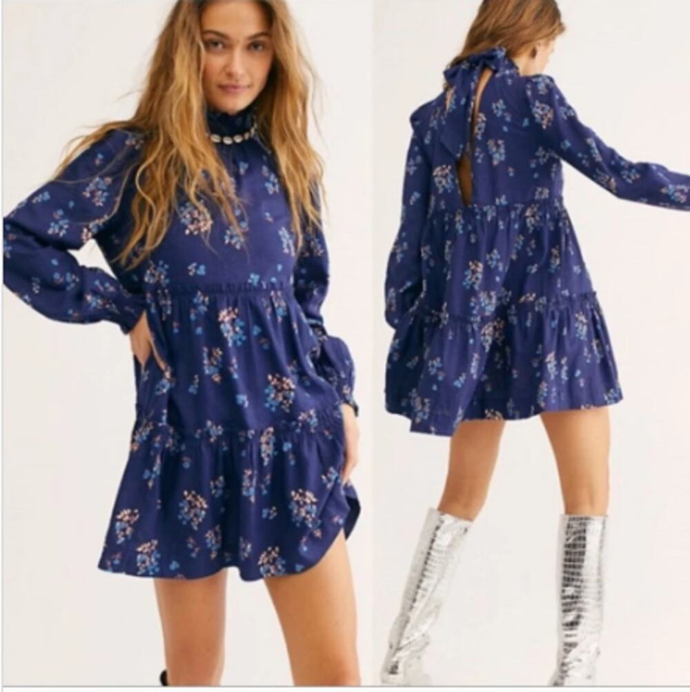 Free People Petit Fours linen-blend Dress Boho Hippie Festival Party sz M